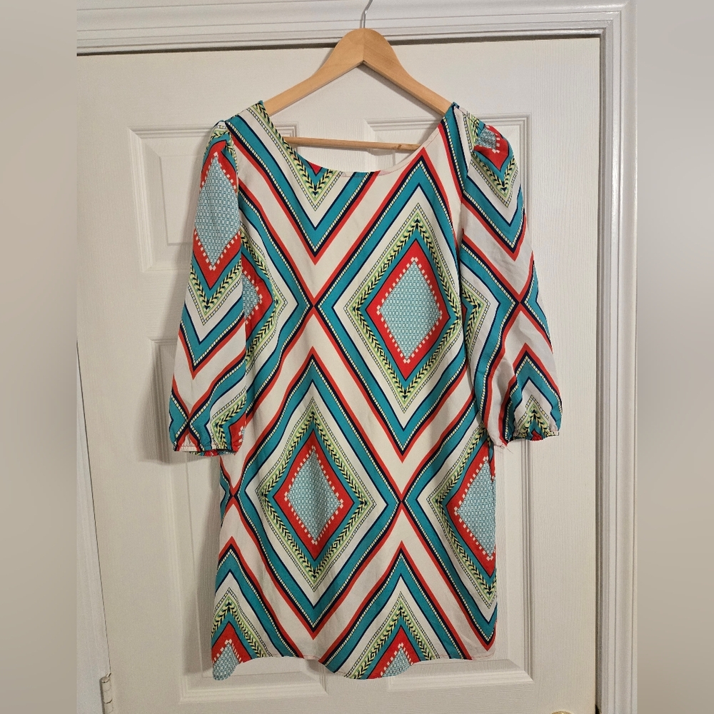 Pink Owl White Red Green Geometric Patterned Dress Size Large